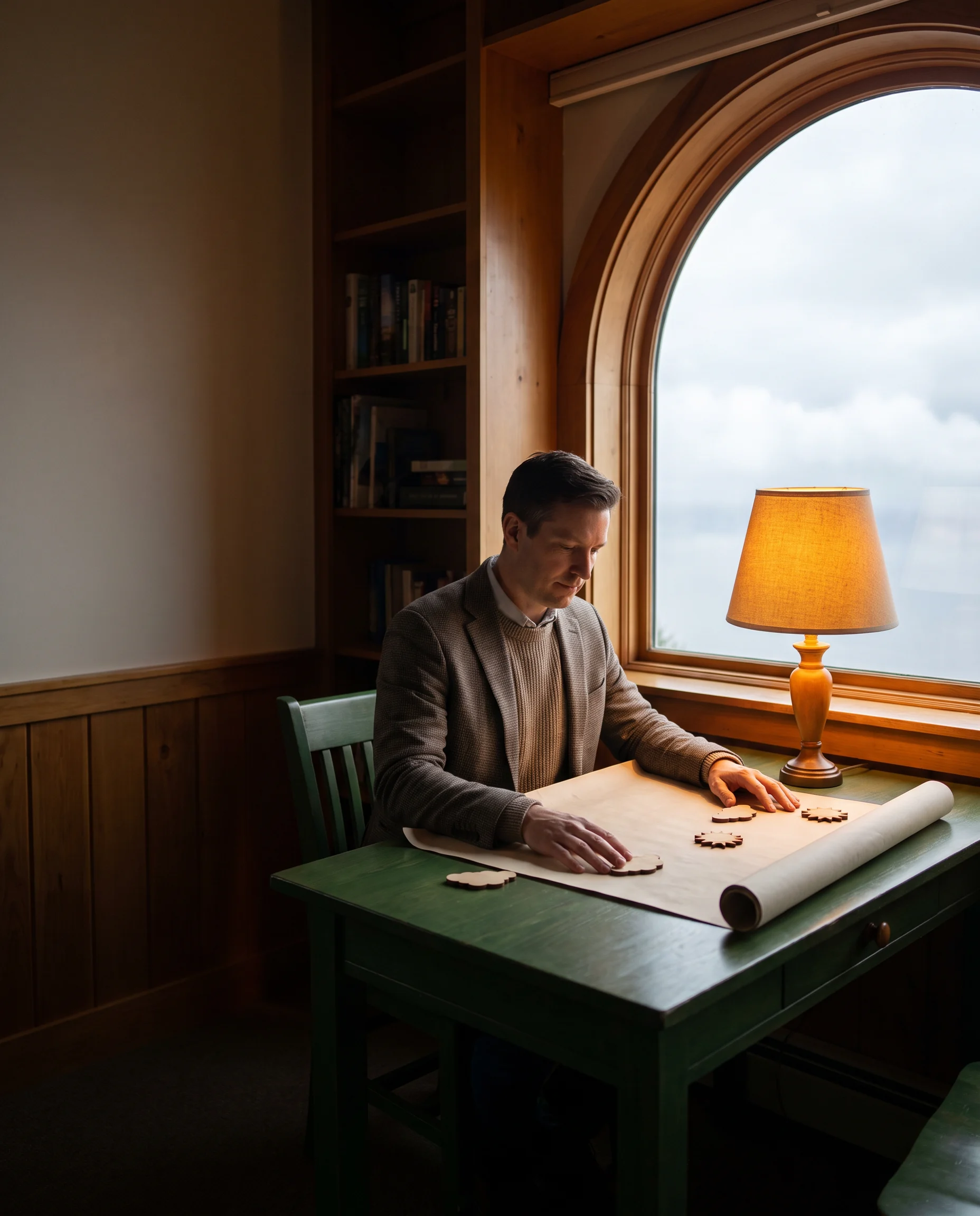 Person working quietly beside an arched window