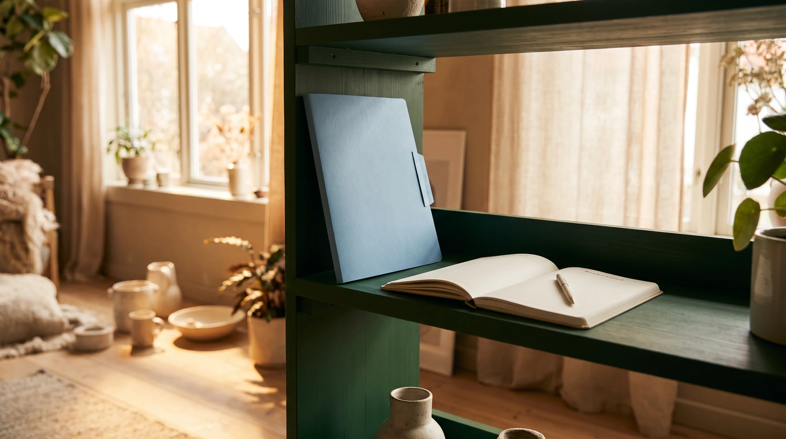 Open notebook on a dark green shelf near a window