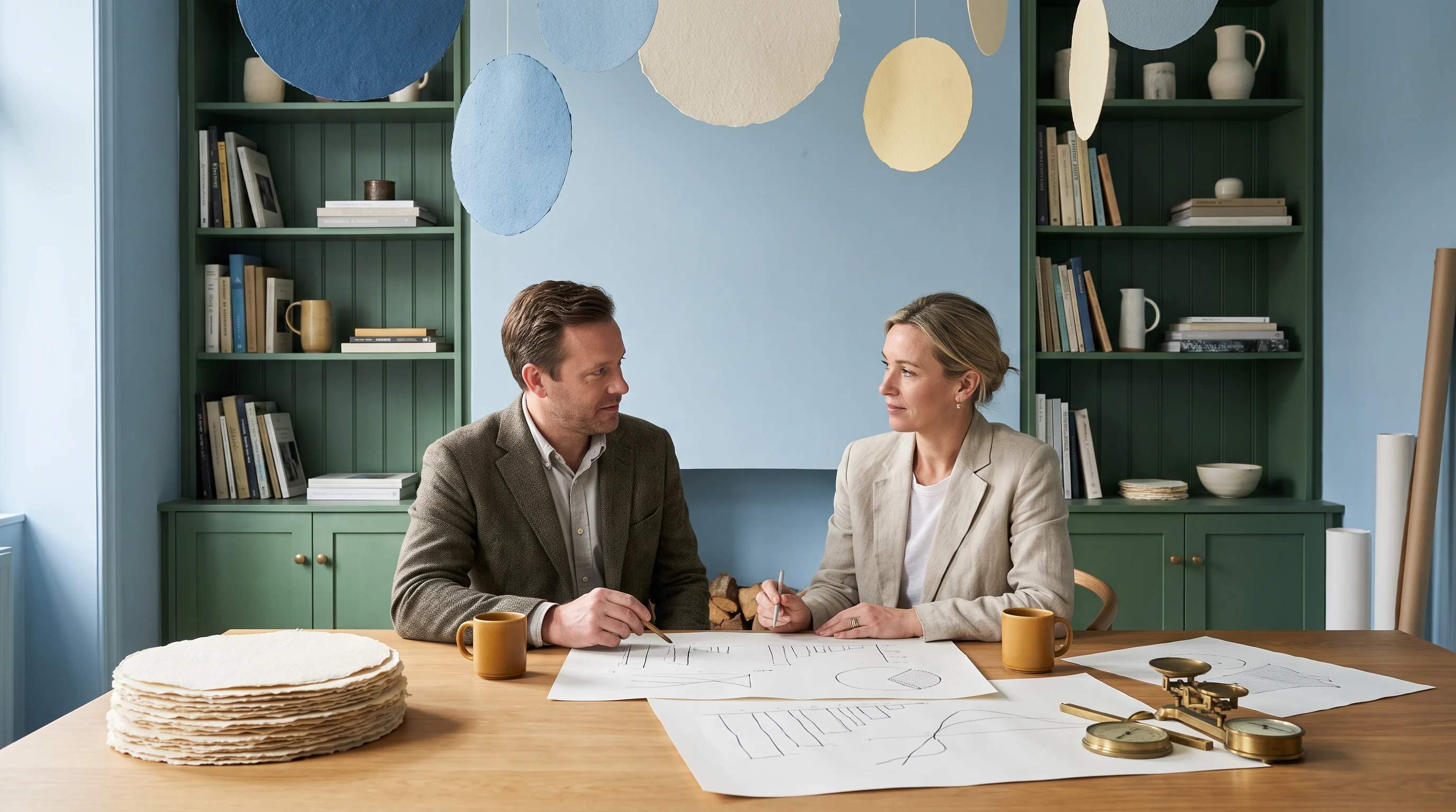 Two people in conversation at a table