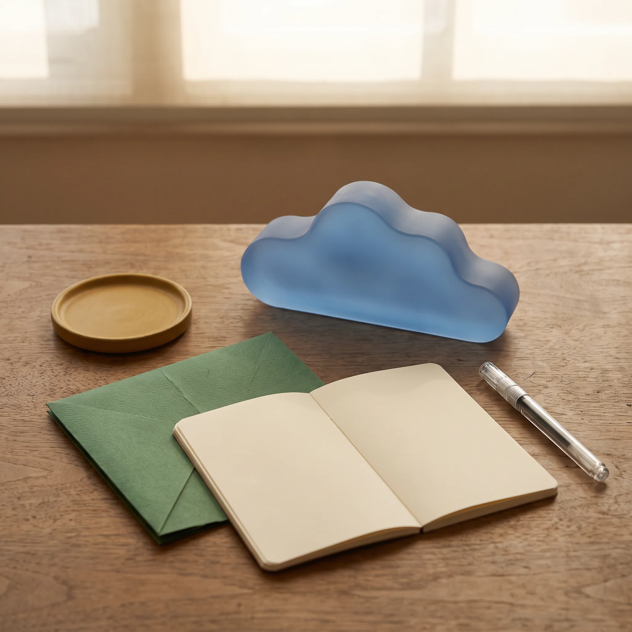 Open notebook beside a small blue cloud object