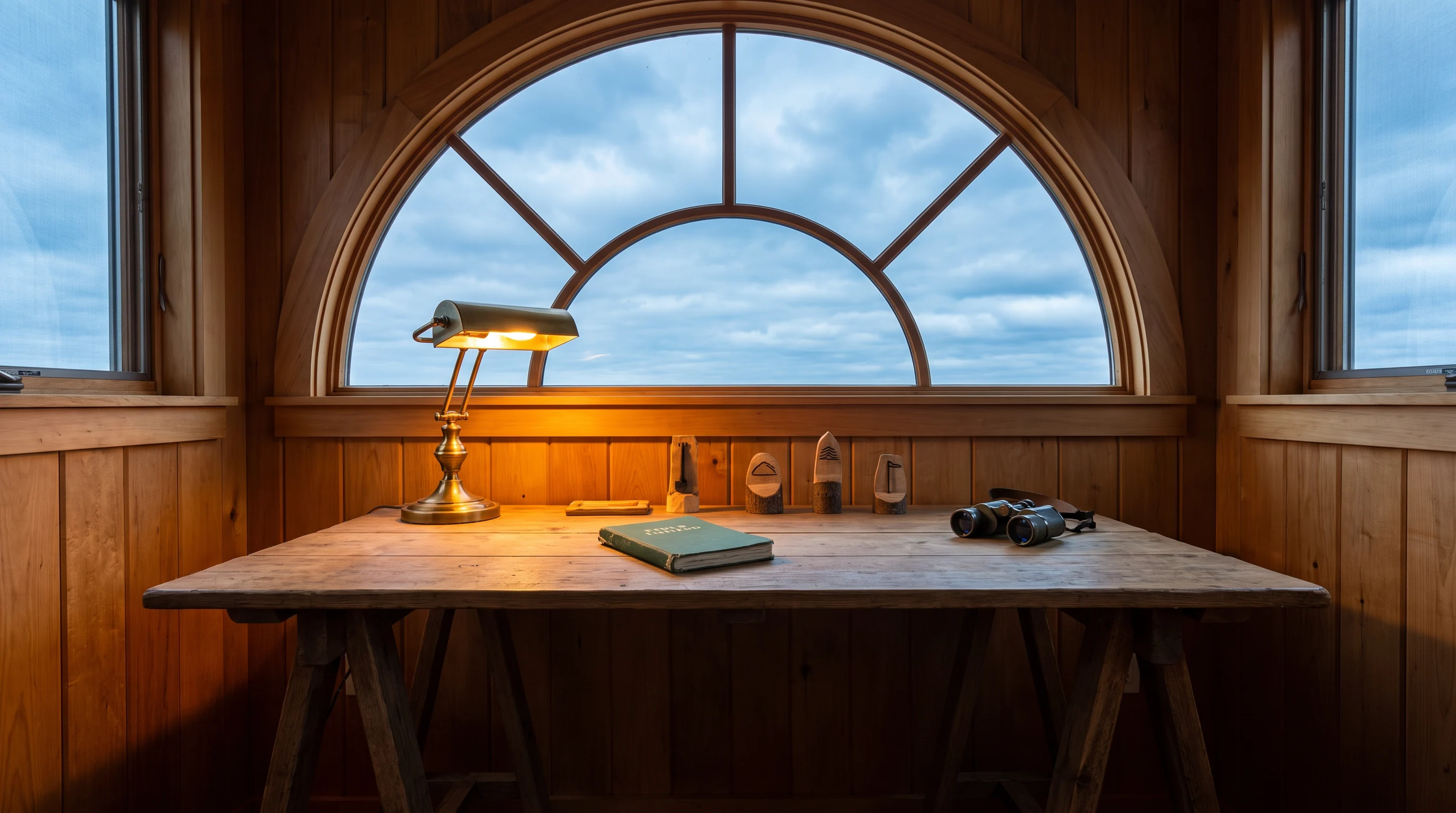Quiet desk in front of a large arched window